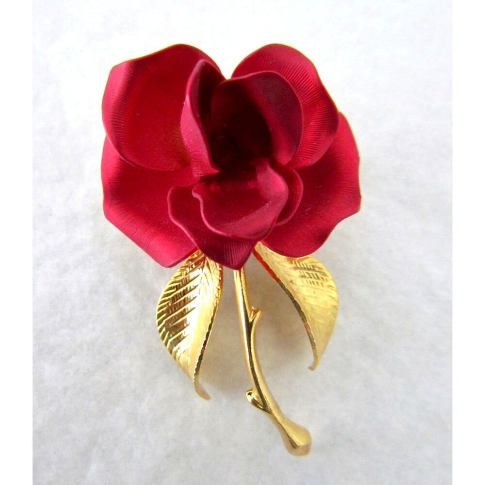 Vintage Rose Brooch Pin Red Satin Gold Tone Signed Cerrito